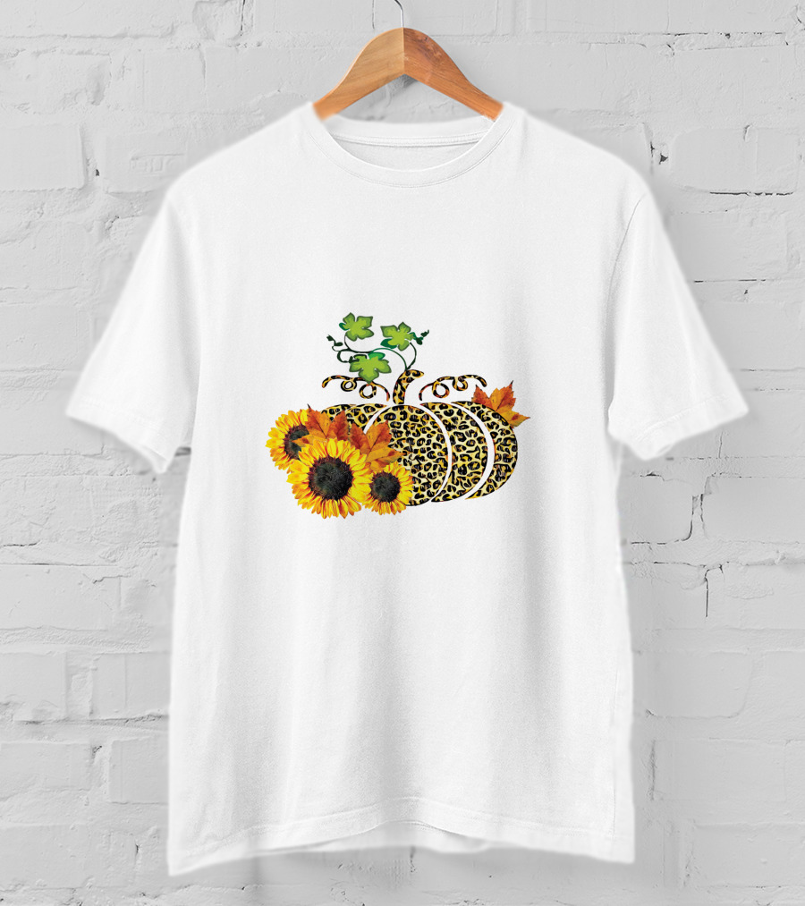 Thanksgiving Leopard Pumpkin Sunflowers And Leaves T-Shirt