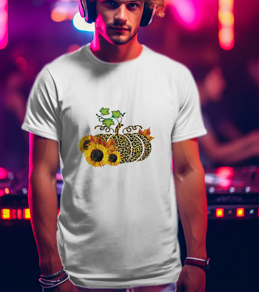 Thanksgiving Leopard Pumpkin Sunflowers And Leaves T-Shirt