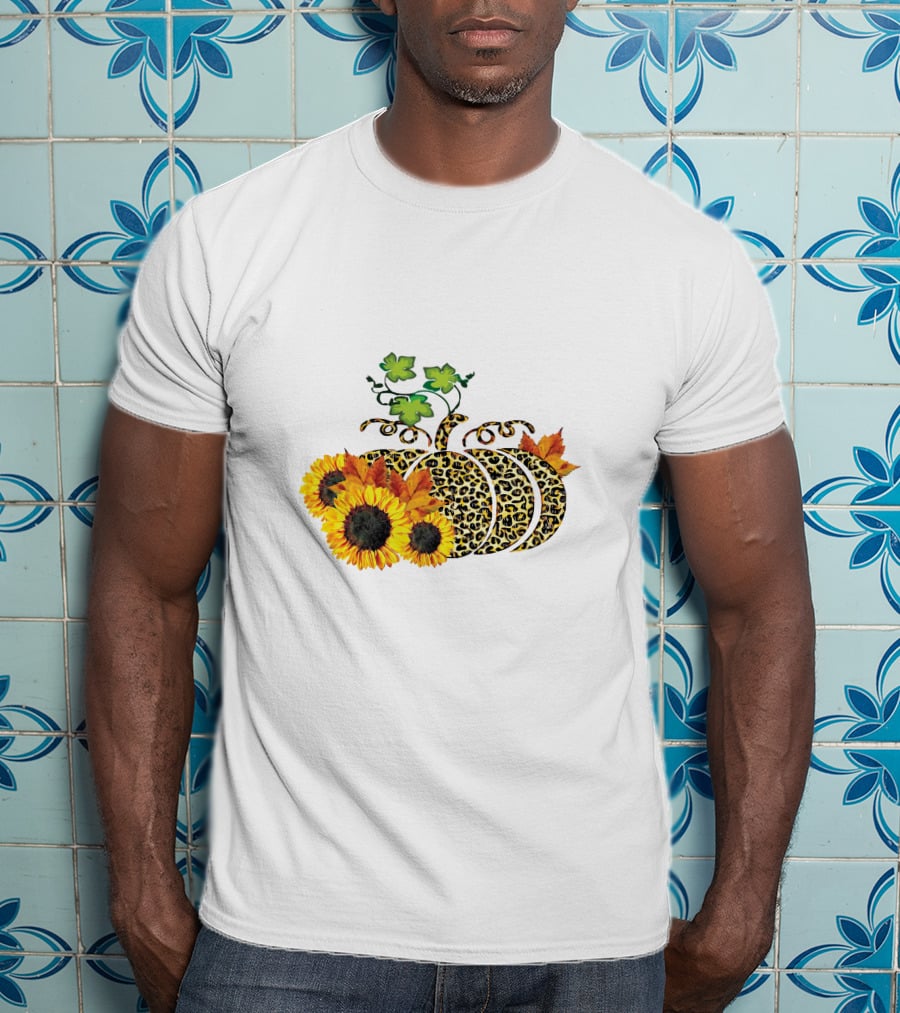 Thanksgiving Leopard Pumpkin Sunflowers And Leaves T-Shirt