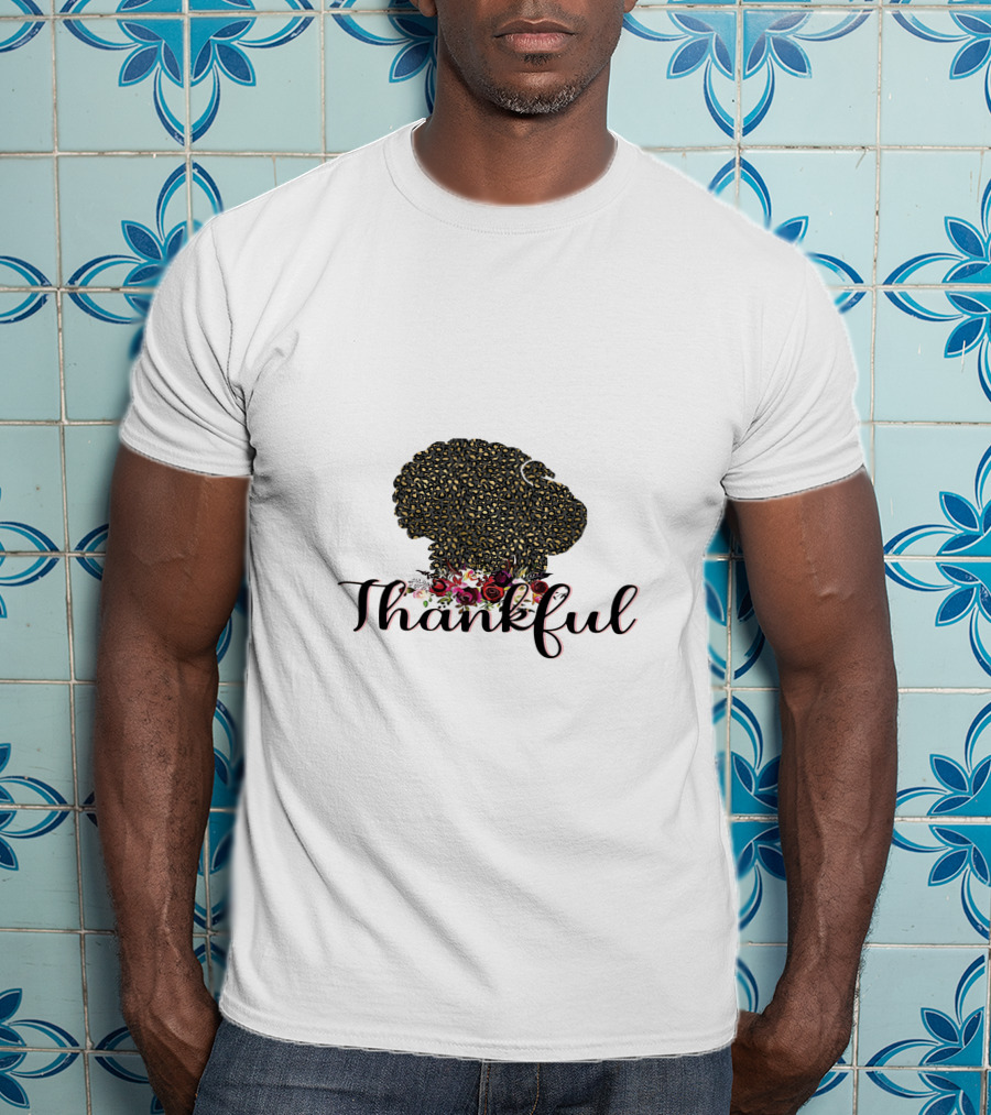Thankful Leopard Print Turkey With Floral Accents T-Shirt