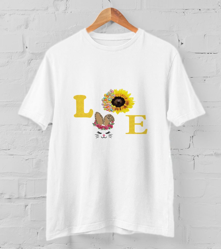 Love Sunflower Bunny With Floral Ears And Cheetah Print Bow T-Shirt