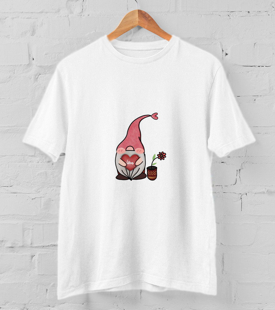 Love Heart Gnome With Flower Pot T-Shirt
