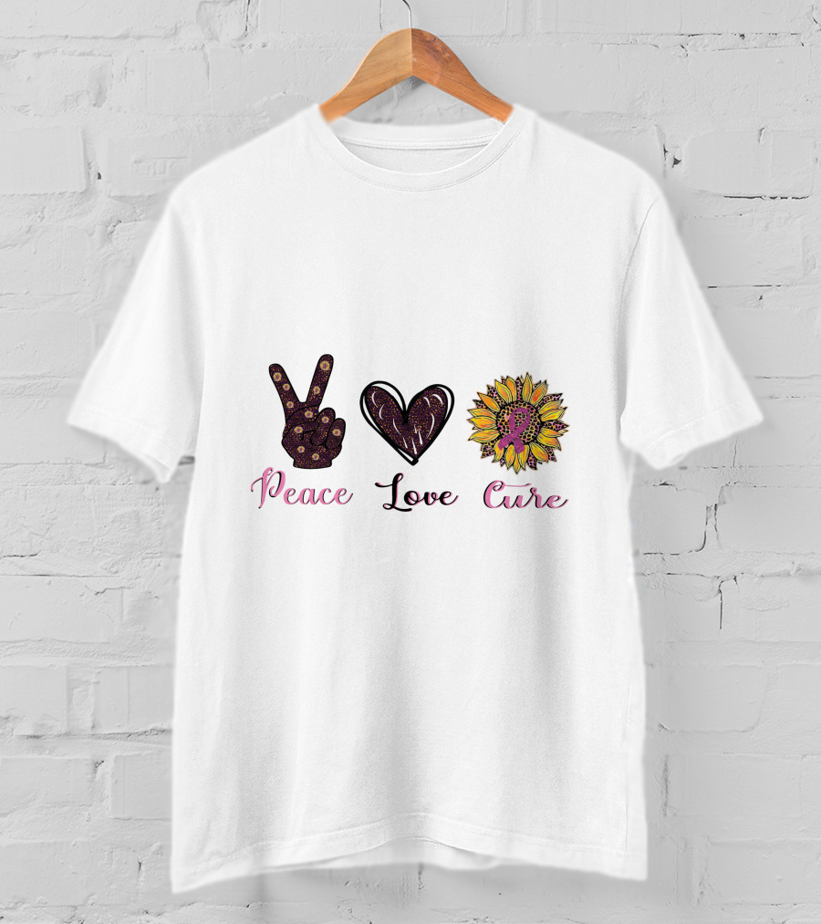 Peace Love Cure Breast Cancer Sunflower Heart And Peace Sign T-Shirt
