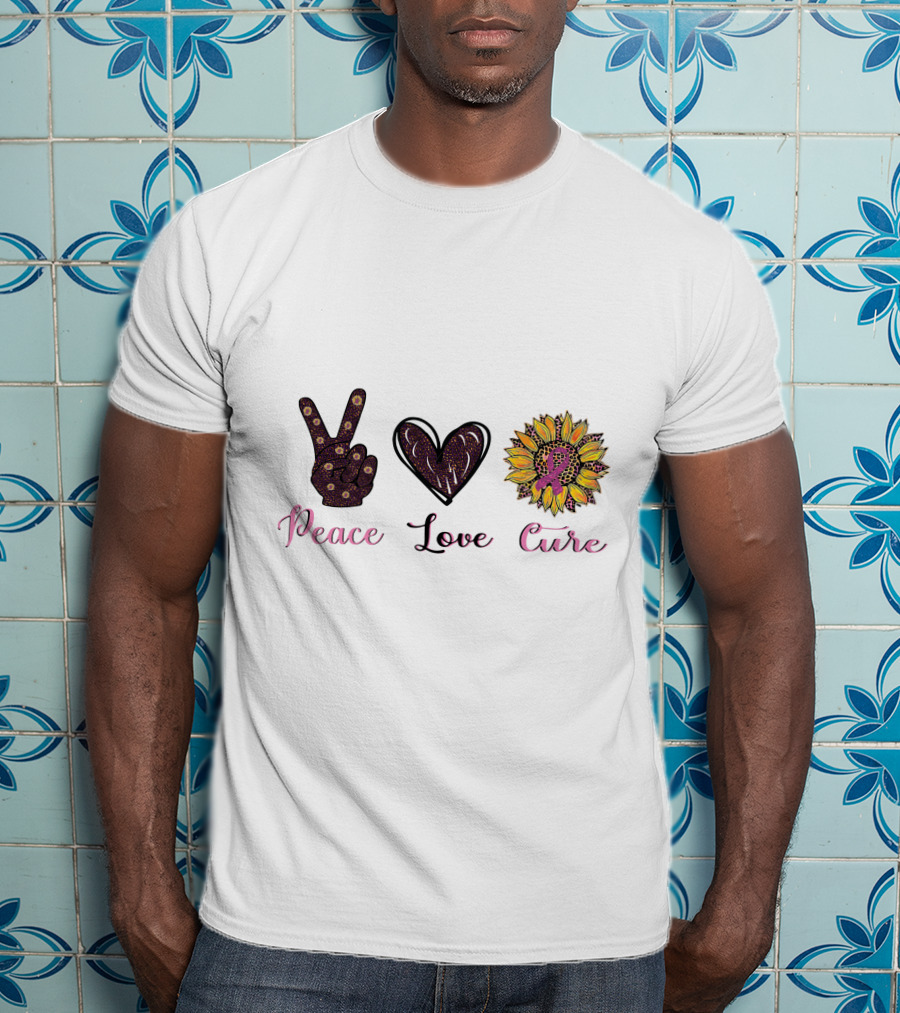 Peace Love Cure Breast Cancer Sunflower Heart And Peace Sign T-Shirt