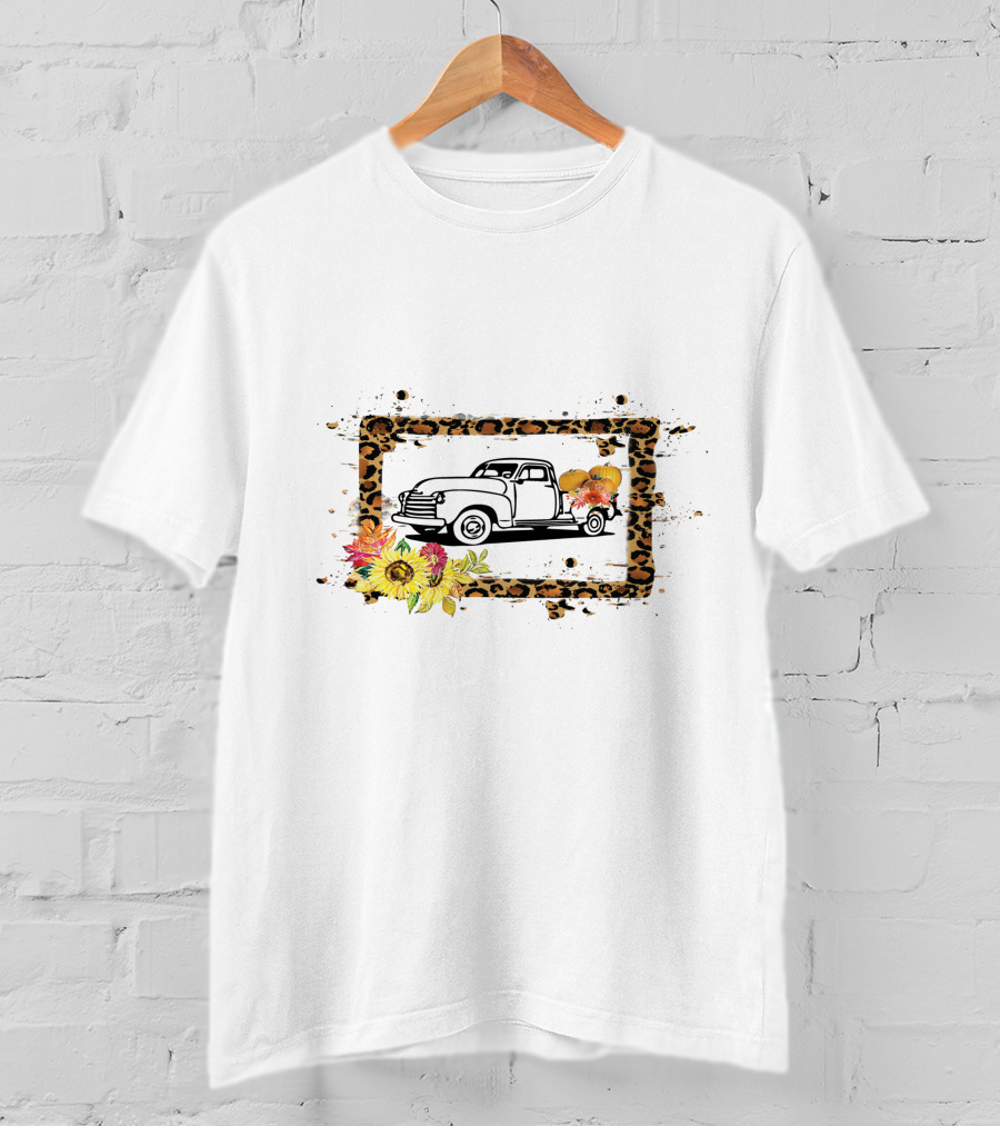 Truck With Pumpkins And Leopard Print Frame With Sunflowers T-Shirt