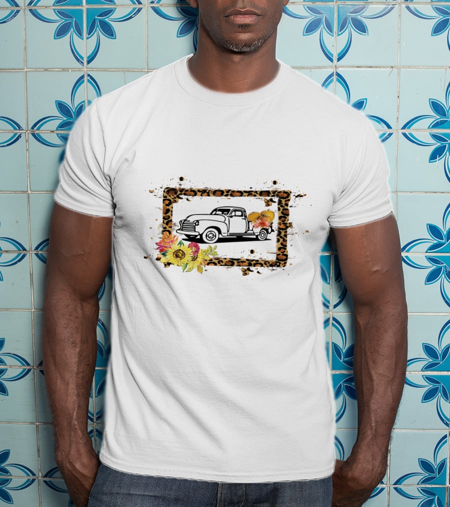 Truck With Pumpkins And Leopard Print Frame With Sunflowers T-Shirt