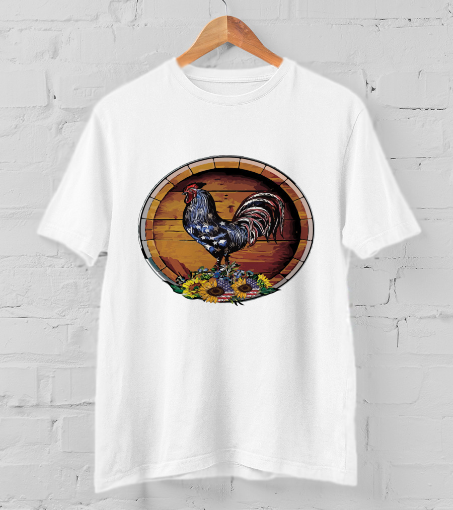 USA Rooster On Wine Barrel With Sunflowers T-Shirt