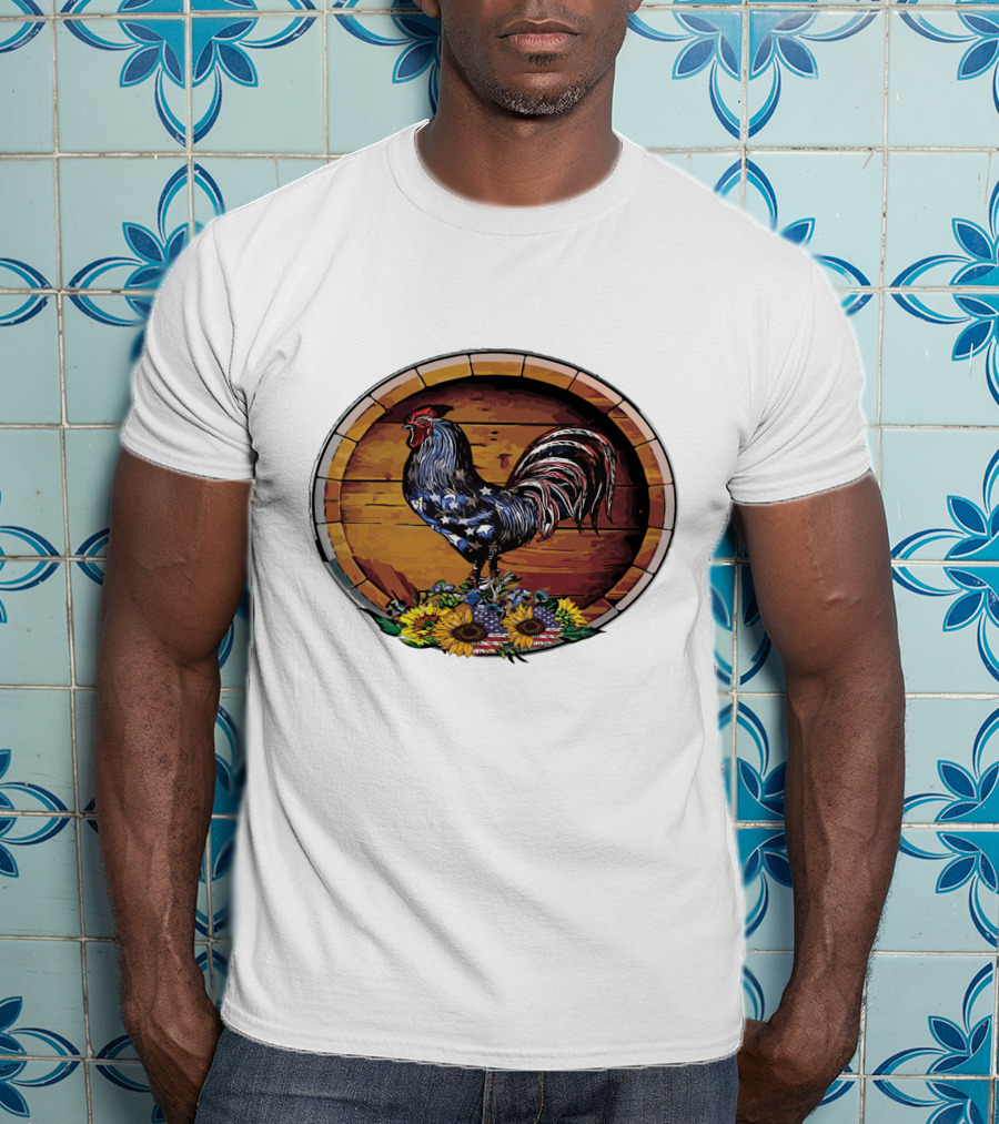 USA Rooster On Wine Barrel With Sunflowers T-Shirt