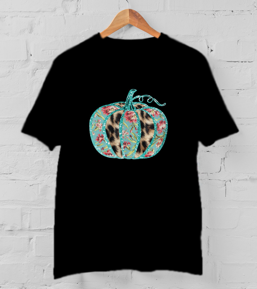 Turquoise Floral Leopard Pumpkin Thanksgiving T-Shirt