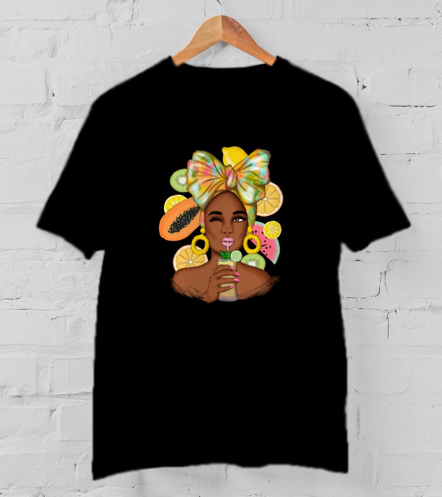 Fruit Design Afro Woman With Colorful Headwrap And Tropical Fruits T-Shirt
