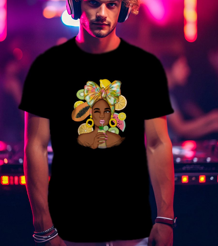 Fruit Design Afro Woman With Colorful Headwrap And Tropical Fruits T-Shirt