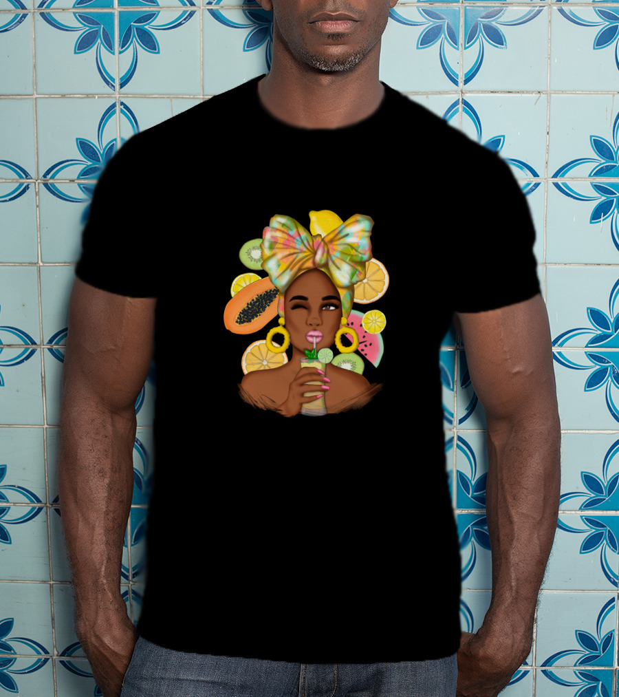 Fruit Design Afro Woman With Colorful Headwrap And Tropical Fruits T-Shirt