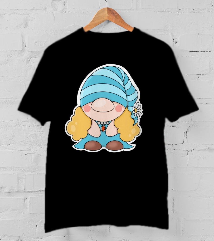 Gnome Sticker Blue Hat Daisy Blonde Hair Cute Comic T-Shirt