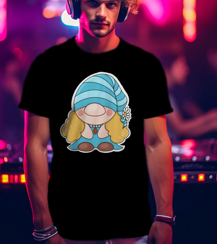 Gnome Sticker Blue Hat Daisy Blonde Hair Cute Comic T-Shirt