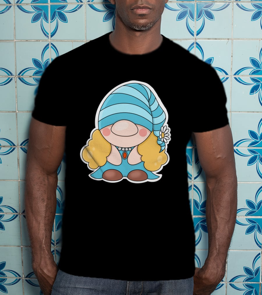 Gnome Sticker Blue Hat Daisy Blonde Hair Cute Comic T-Shirt