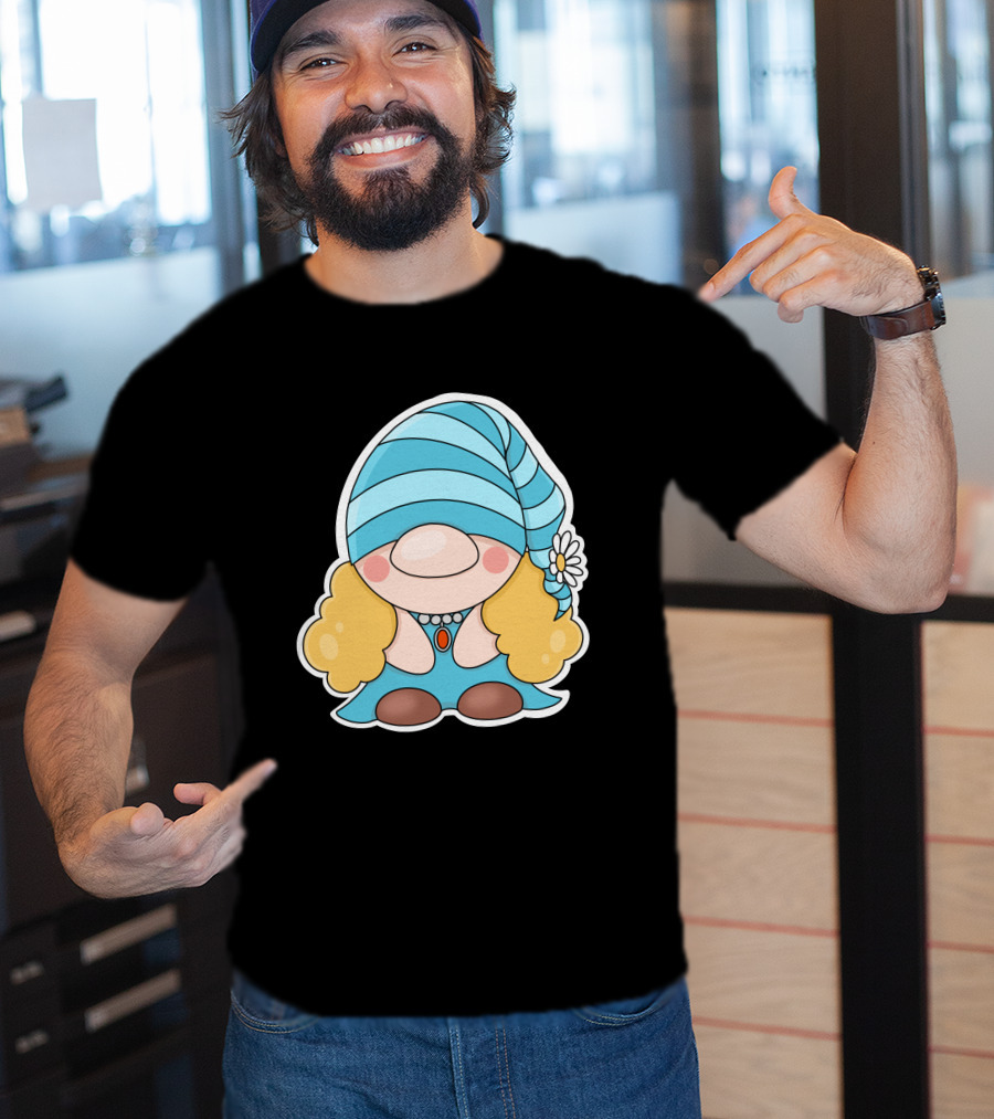 Gnome Sticker Blue Hat Daisy Blonde Hair Cute Comic T-Shirt