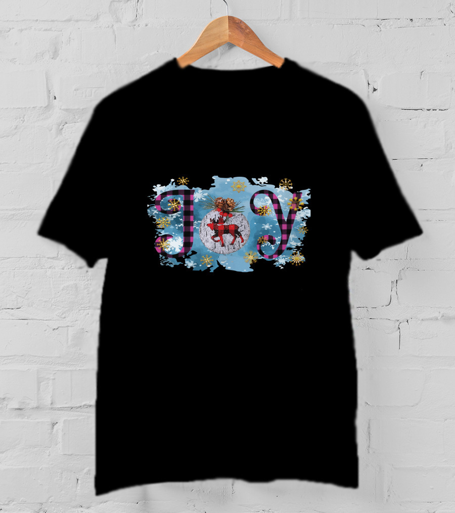 Joy Plaid Christmas Reindeer Snowflakes Pinecones T-Shirt