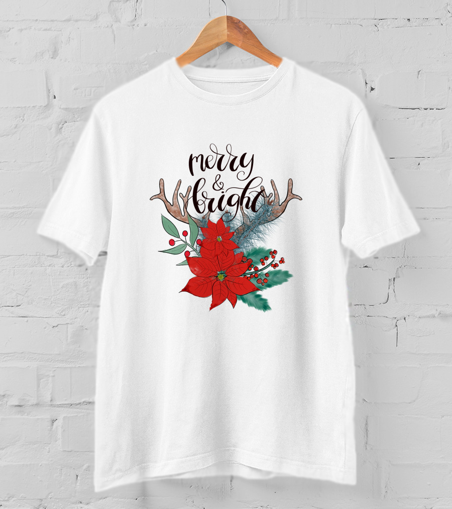 Merry And Bright Antler Poinsettia Christmas Florals T-Shirt