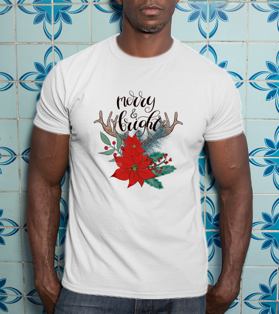 Merry And Bright Antler Poinsettia Christmas Florals T-Shirt
