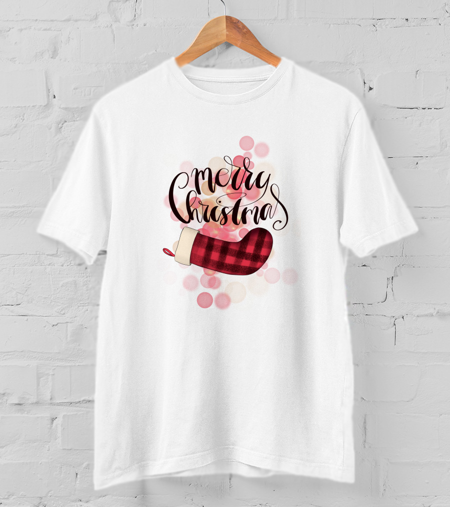 Merry Christmas Plaid Sock Pink Bubbles T-Shirt