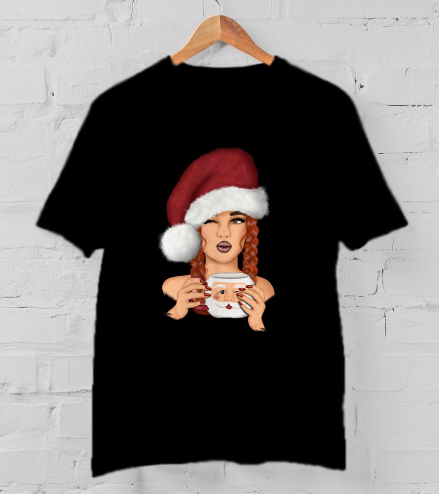Christmas Red Hair Girl With Santa Hat And Santa Mug T-Shirt
