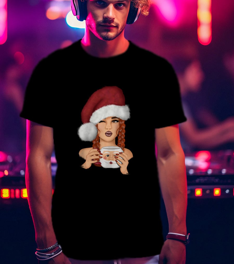 Christmas Red Hair Girl With Santa Hat And Santa Mug T-Shirt