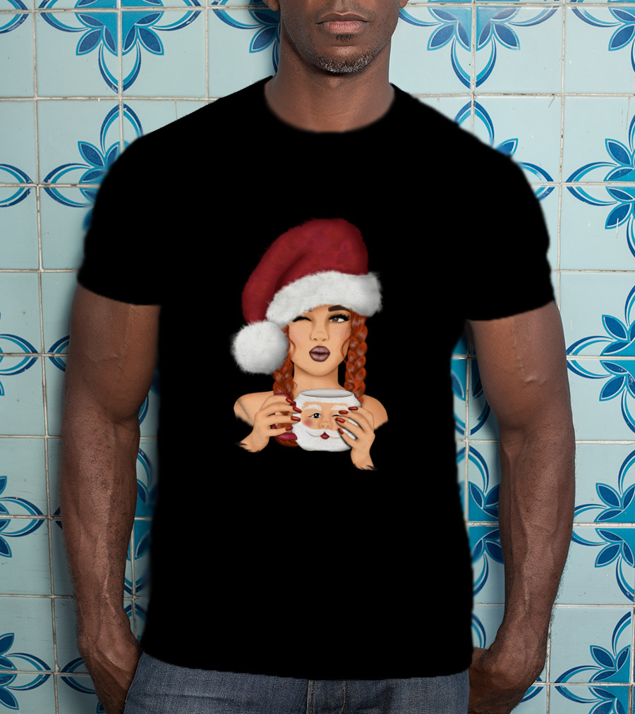 Christmas Red Hair Girl With Santa Hat And Santa Mug T-Shirt