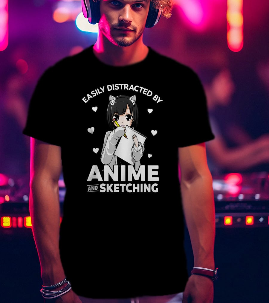 Easily Distracted By Anime And Sketching Cute Anime Girl With Sketchbook And Hearts T-Shirt