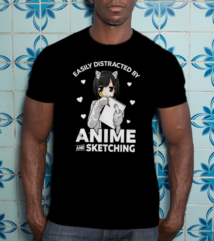 Easily Distracted By Anime And Sketching Cute Anime Girl With Sketchbook And Hearts T-Shirt