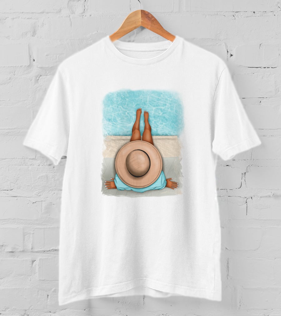 Afro Woman Relaxing By The Pool In Summer Hat T-Shirt