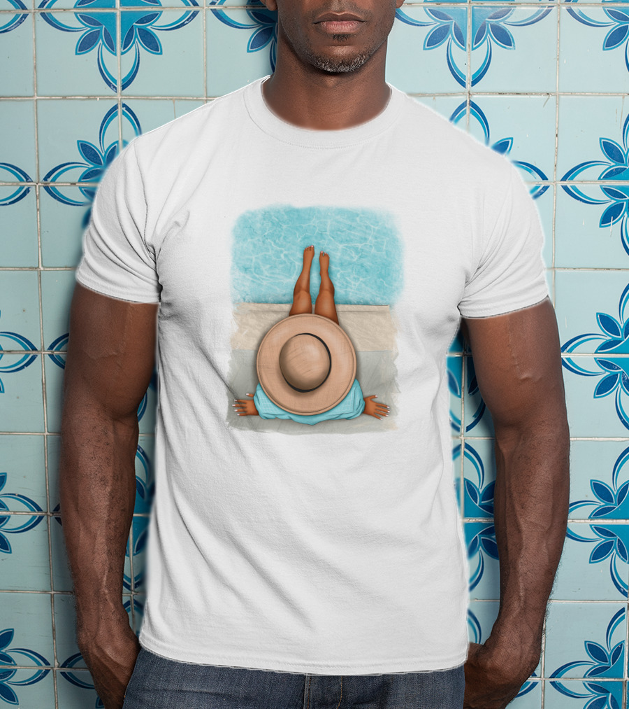 Afro Woman Relaxing By The Pool In Summer Hat T-Shirt
