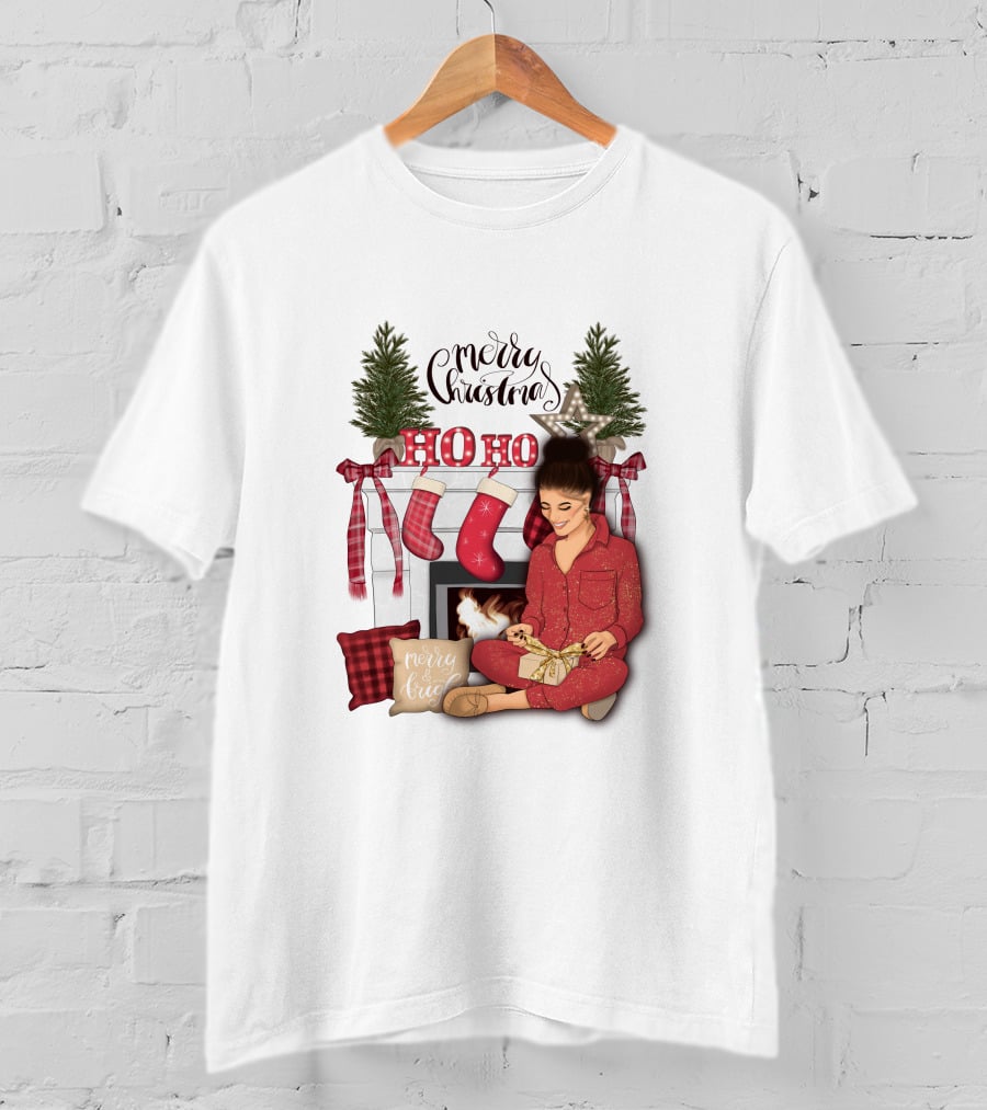Merry Christmas Ho Ho Ho Girl By Fireplace With Stockings And Christmas Tree Decor T-Shirt