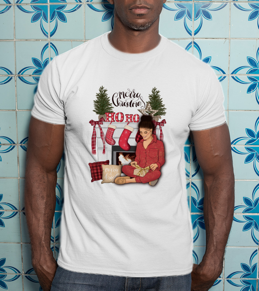 Merry Christmas Ho Ho Ho Girl By Fireplace With Stockings And Christmas Tree Decor T-Shirt