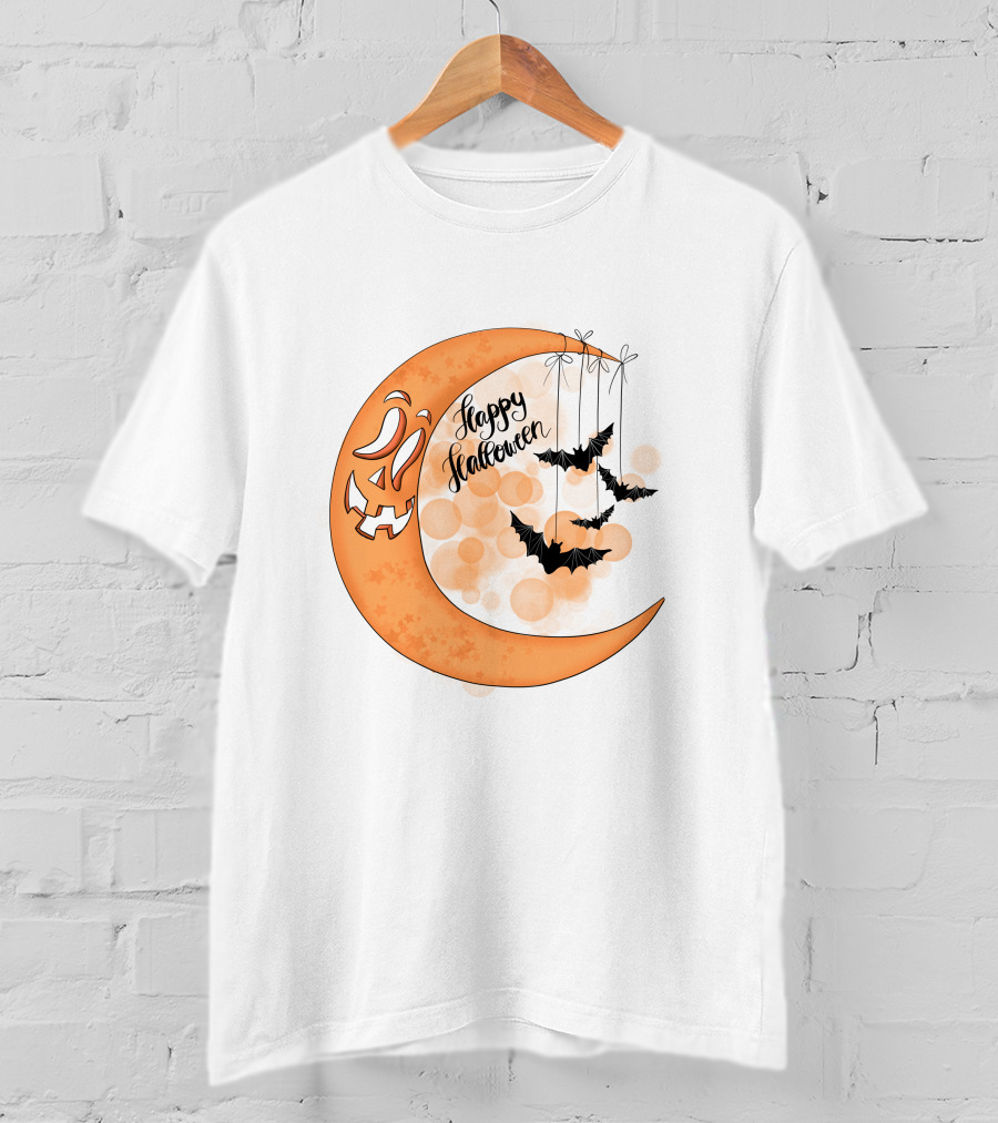 Happy Halloween Moon With Bats And Jack-O'-Lantern Face T-Shirt