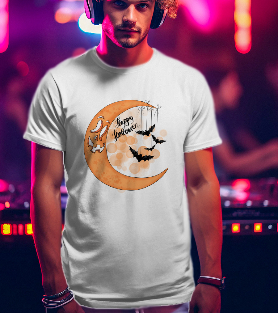 Happy Halloween Moon With Bats And Jack-O'-Lantern Face T-Shirt