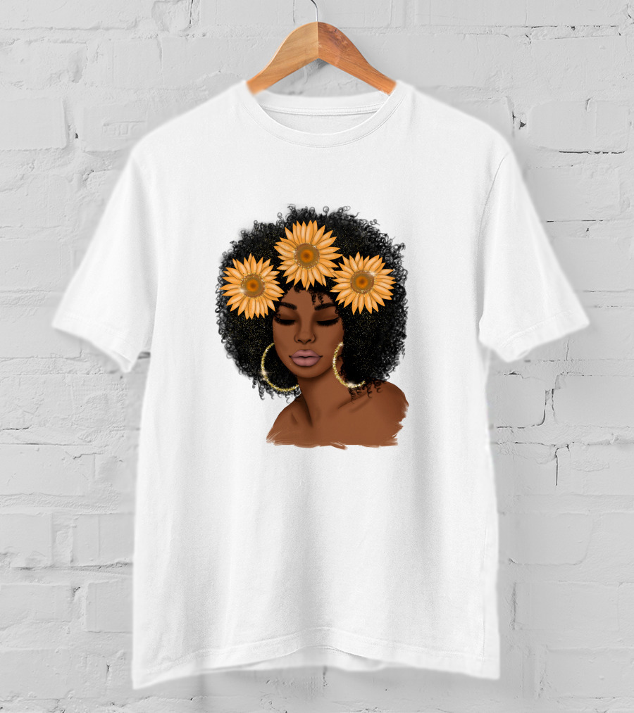 Afro Woman With Sunflowers And Hoop Earrings T-Shirt