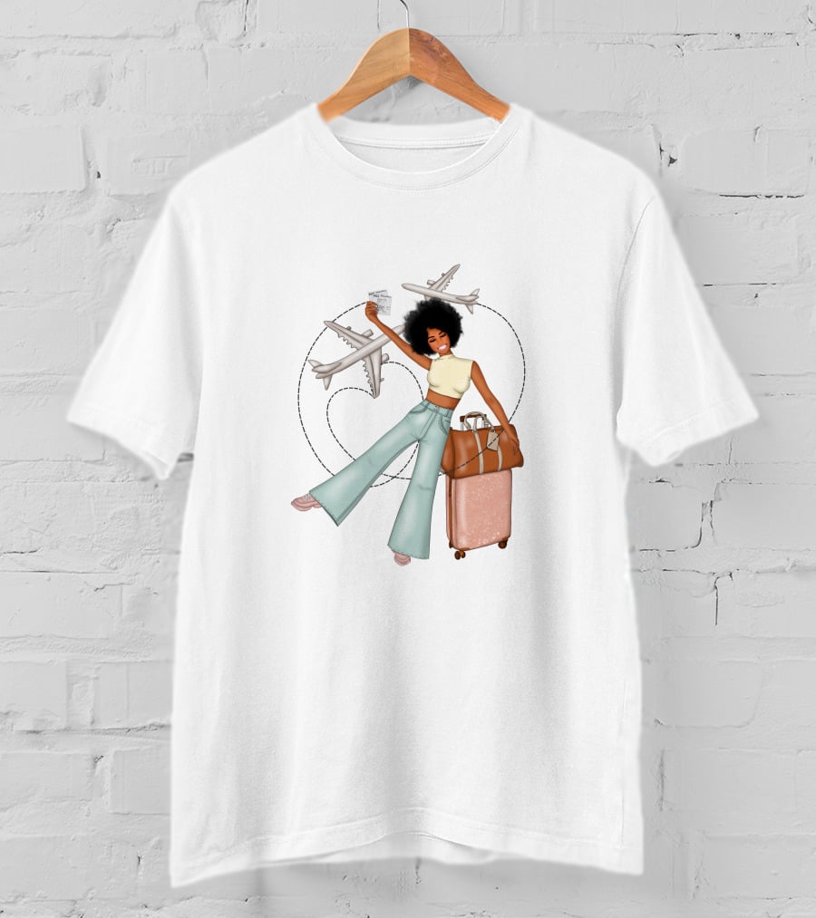 Traveling African American Girl With Suitcase And Airplanes T-Shirt