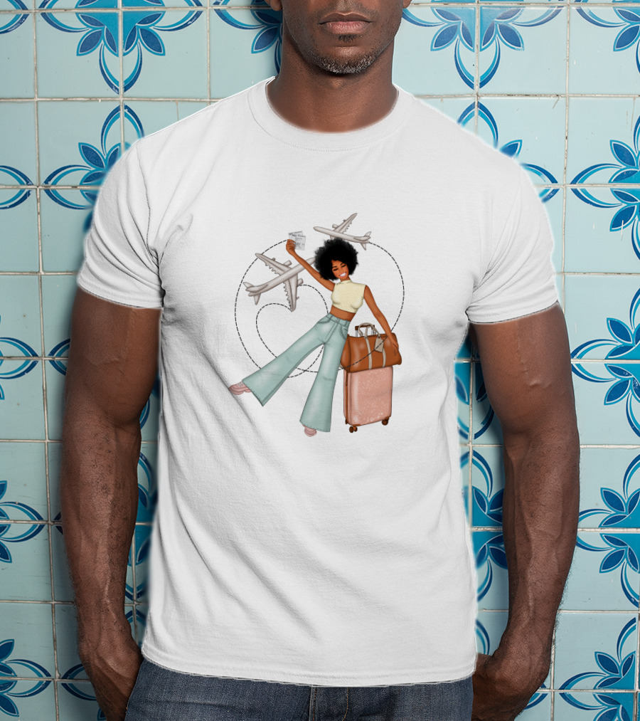 Traveling African American Girl With Suitcase And Airplanes T-Shirt