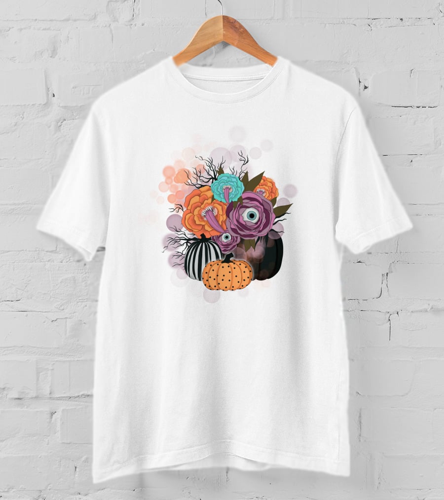 Whimsical Halloween Pumpkin Floral Arrangement With Eyeball Flowers T-Shirt