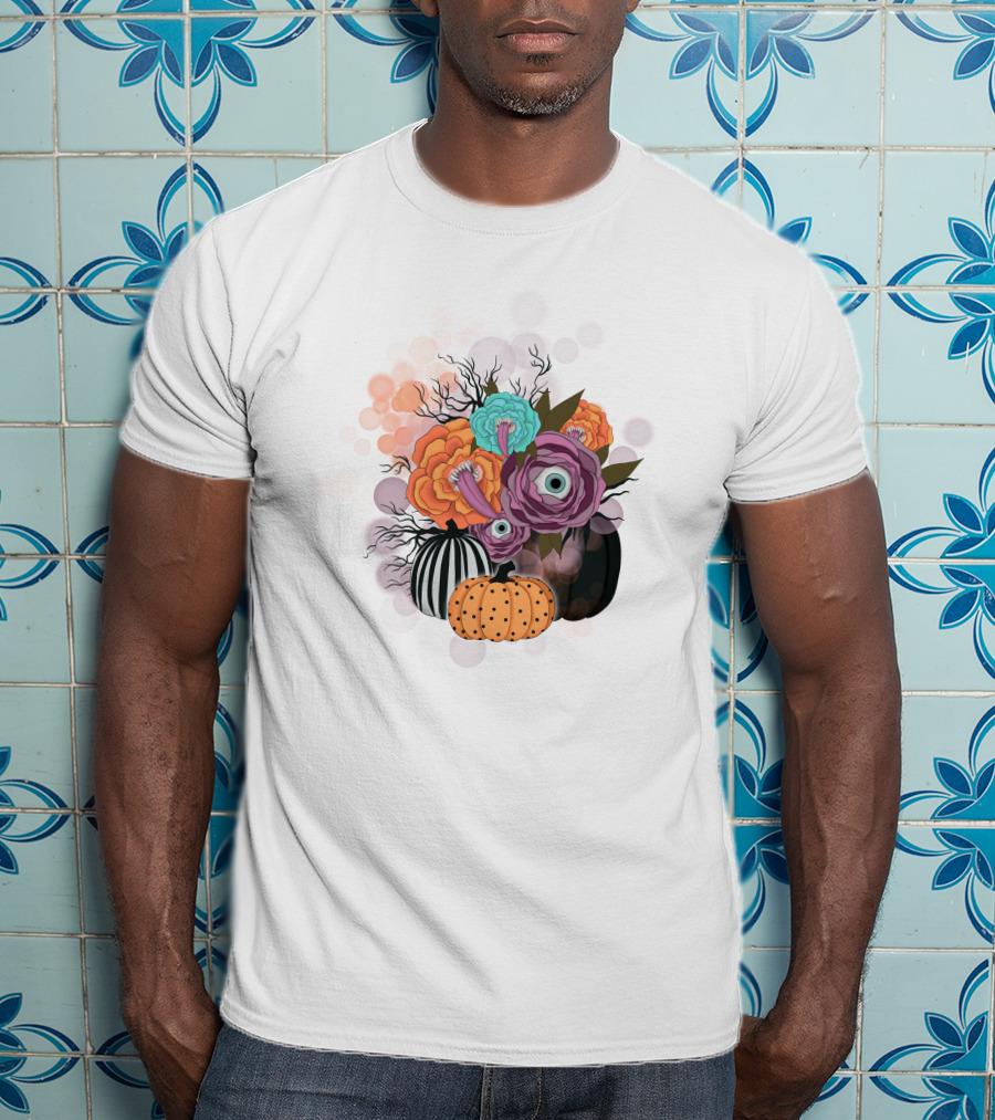 Whimsical Halloween Pumpkin Floral Arrangement With Eyeball Flowers T-Shirt