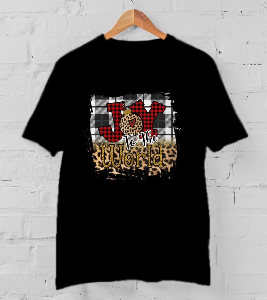 Joy To The World Buffalo Plaid Leopard Christmas T-Shirt