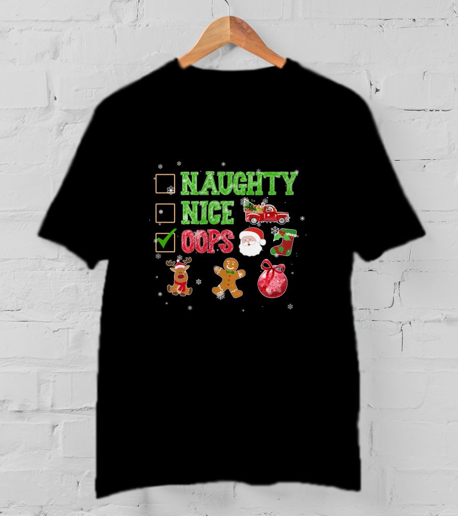 Naughty Nice Oops List Christmas Icons Santa Red Truck Gingerbread Sun Snowflakes T-Shirt