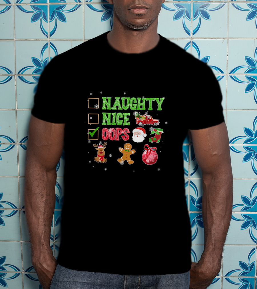 Naughty Nice Oops List Christmas Icons Santa Red Truck Gingerbread Sun Snowflakes T-Shirt