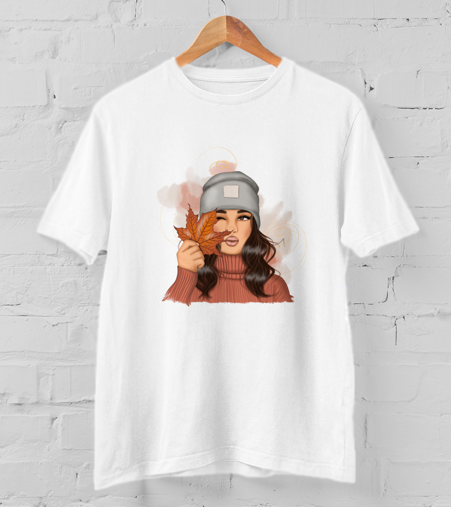 Autumn Girl Cozy Sweater And Beanie With Leaves T-Shirt