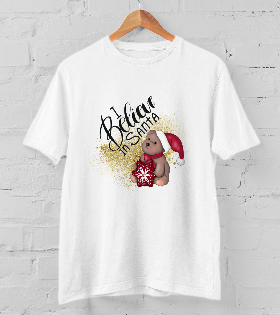 I Believe In Santa Bear With Red Hat And Star Cookie T-Shirt