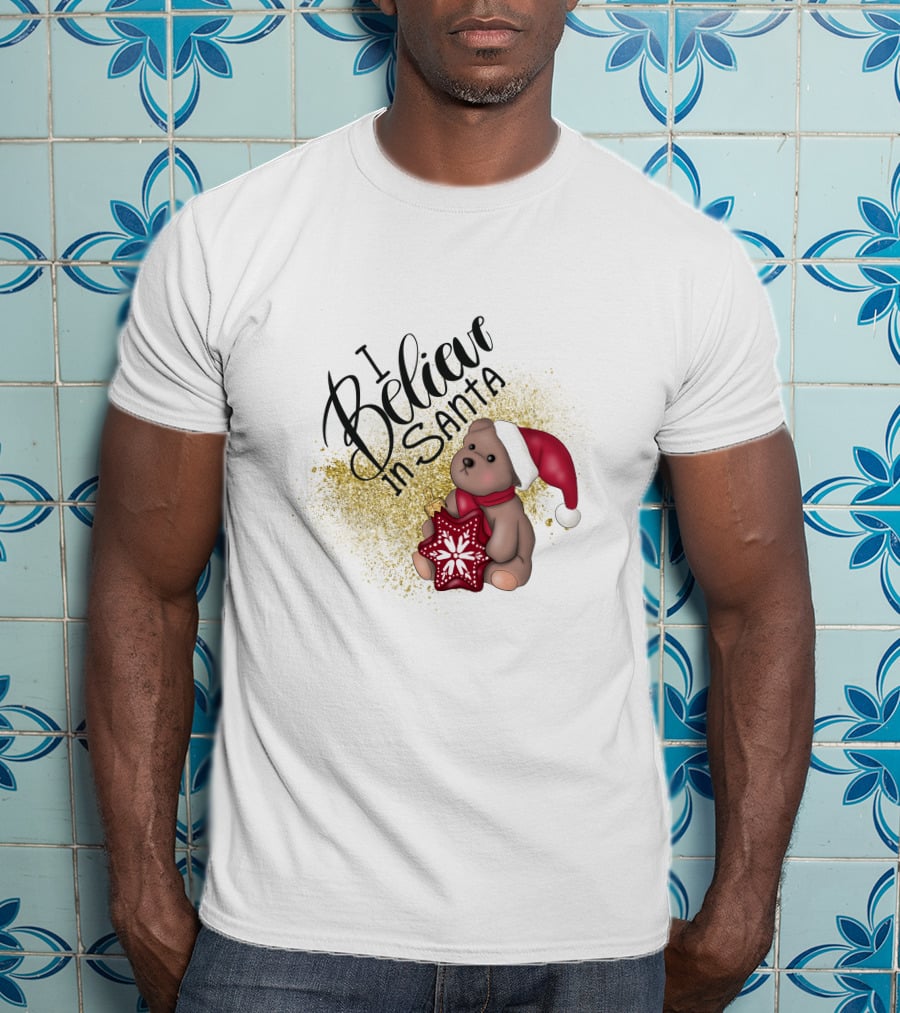 I Believe In Santa Bear With Red Hat And Star Cookie T-Shirt