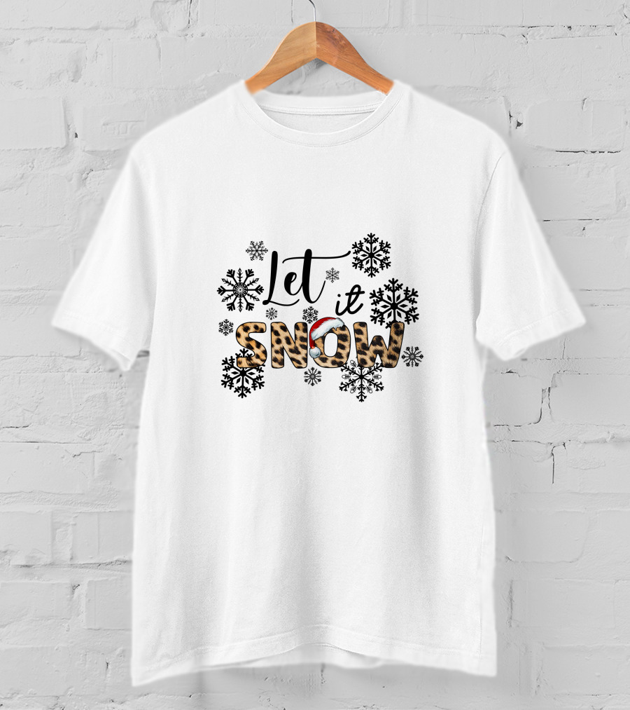 Let It Snow Leopard Santa Hat Snowflakes T-Shirt