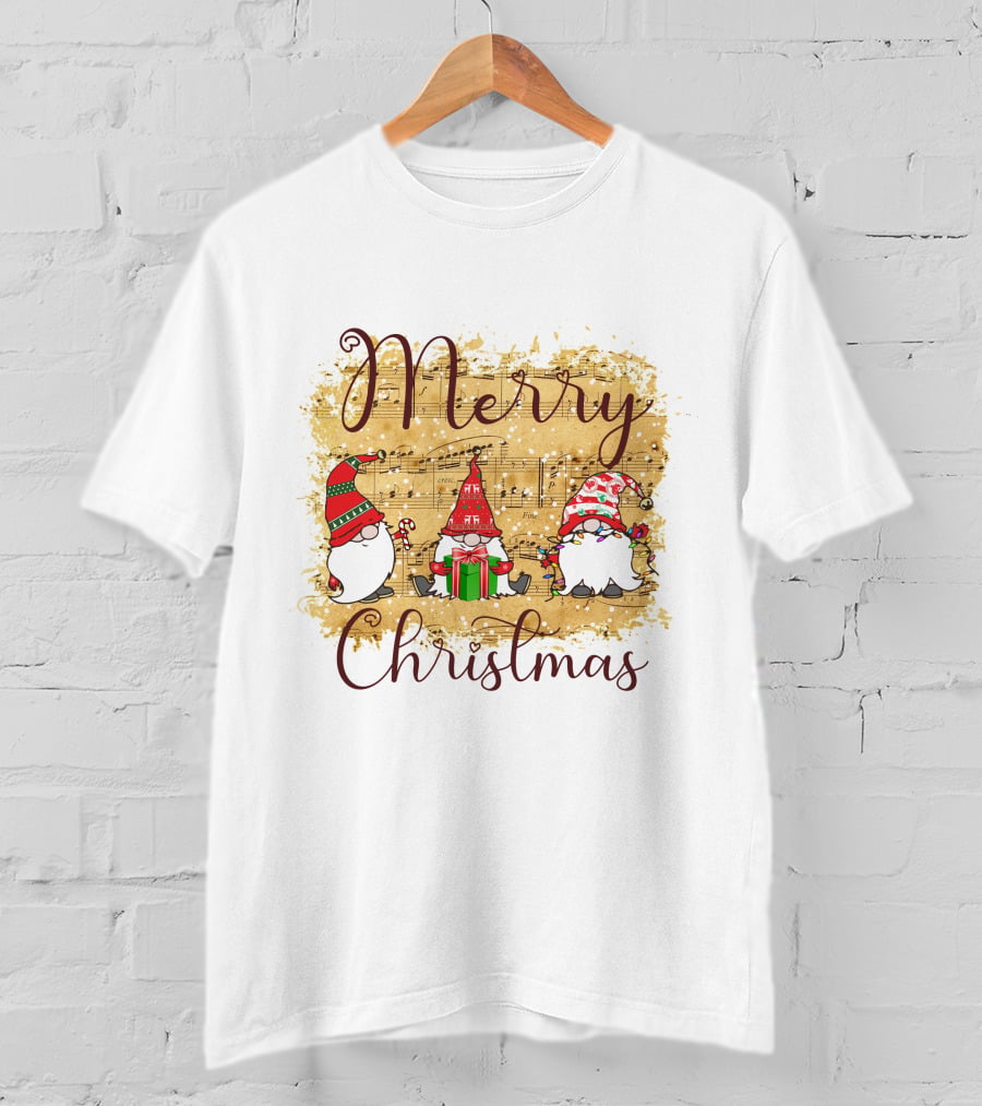Merry Christmas Gnomies Holiday Music Sheet And Festive Gnomes T-Shirt