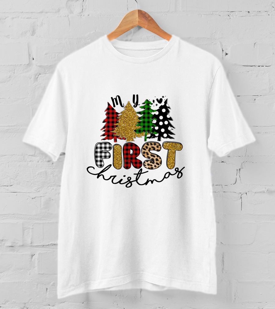 My First Christmas Plaid Glitter Trees Mixed T-Shirt