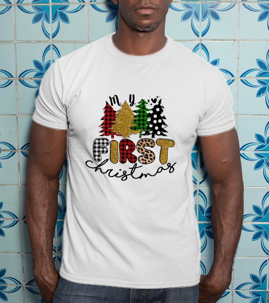 My First Christmas Plaid Glitter Trees Mixed T-Shirt